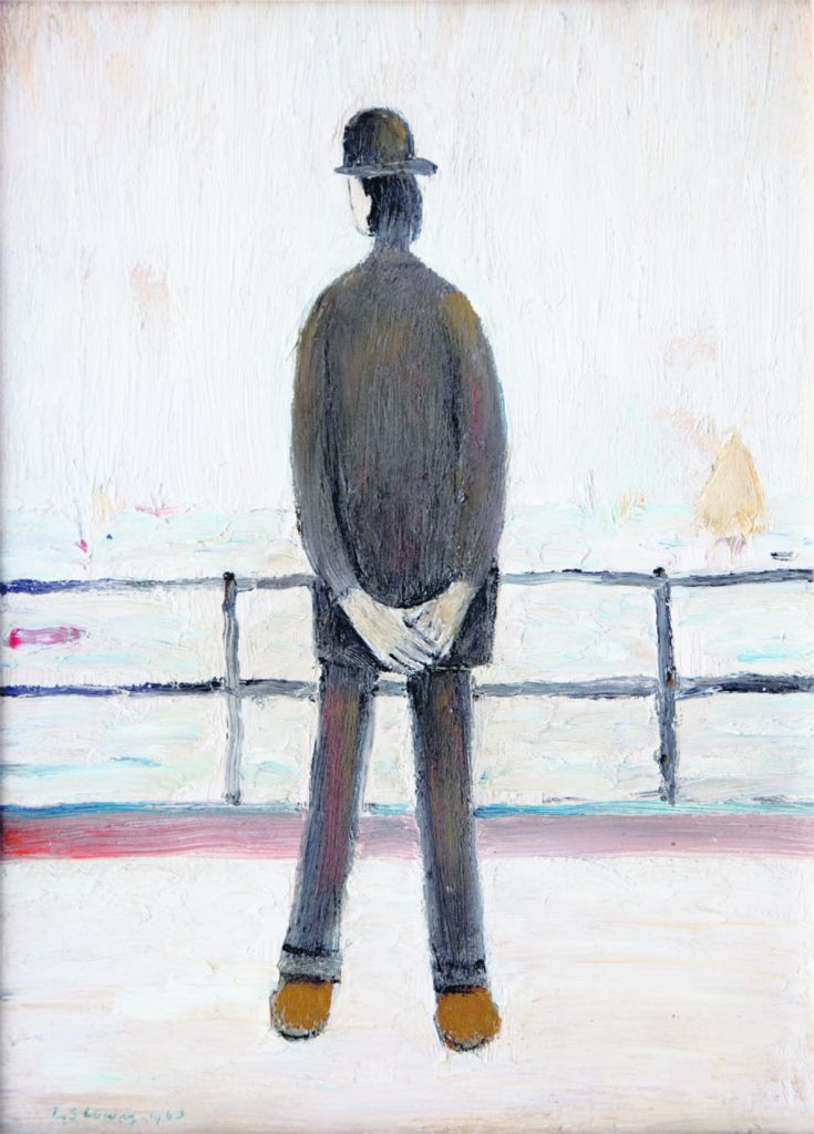 L.S. Lowry, Man Looking Out to Sea, 1963, Oil on Board, 14” x 10