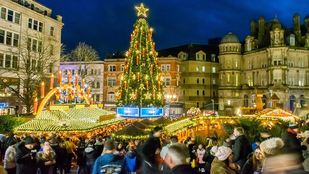 A night time view of the Birmingham Christmas Market