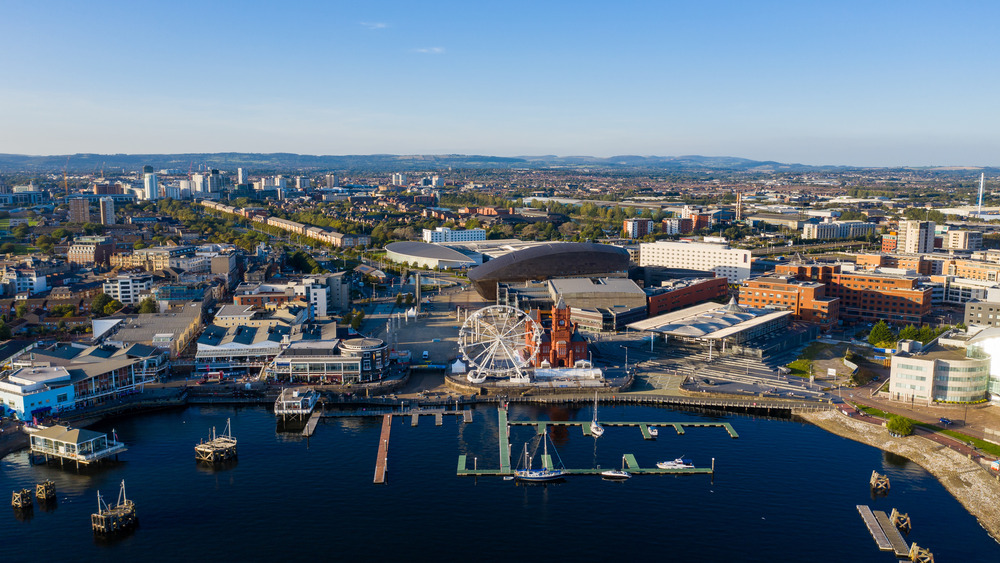 an aerial view of the Cardiff and the waterfront