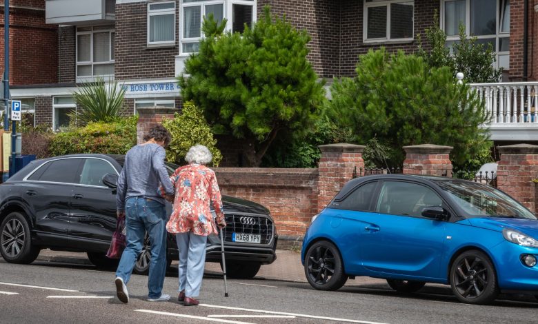 kindness man helping woman across the road